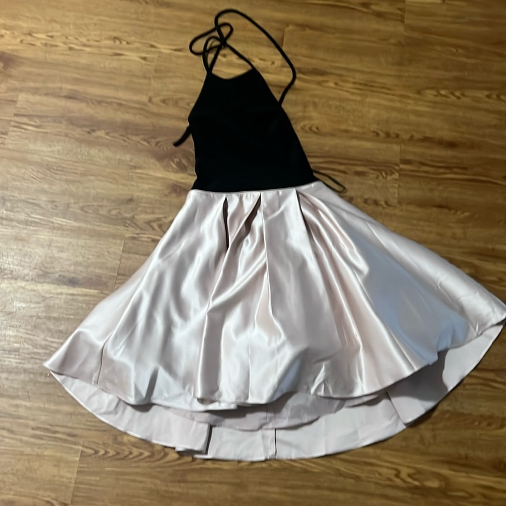 Strapless, rose gold formal dress